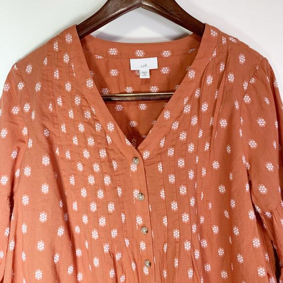 J. Jill Peasant Top Rust Orange Patterned V Neck Peasant Blouse button India MP - Picture 6 of 16
